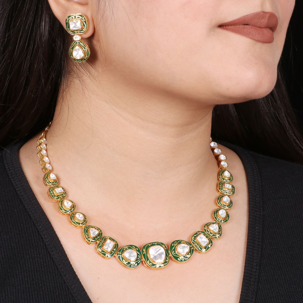 Ratnavalli Green Meenakari Moissanite necklace set image 0