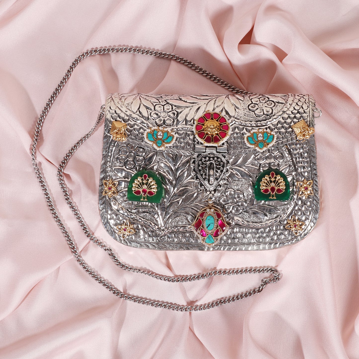 Silver Tone bag with Pink Kundan and chain image 1