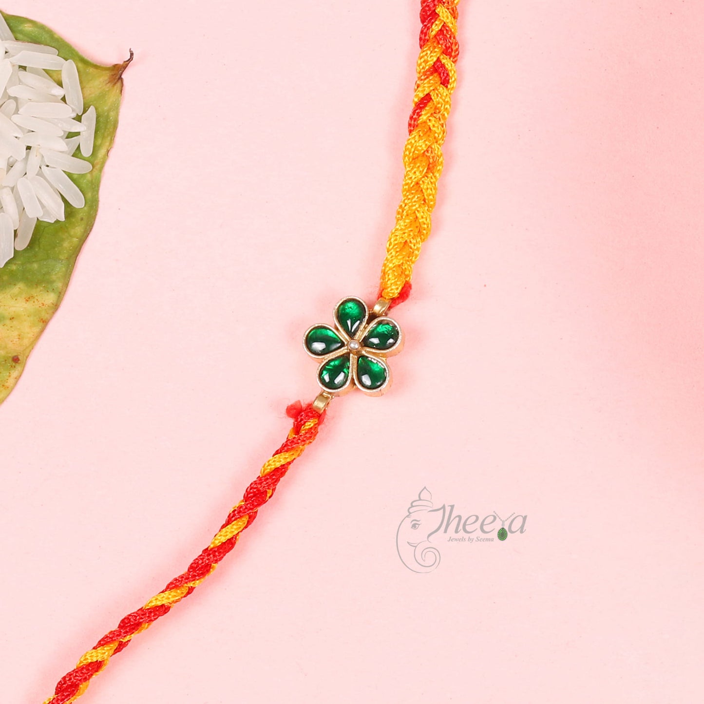 Silver Green Floral Kundan Rakhi