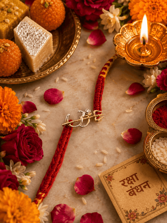 A festive flat-lay of a red and gold Rakhi with an Om symbol, surrounded by marigold flowers, sugar cubes, a burning diya, and a card that reads 'Rakhi Bandhan' on a marble surface.