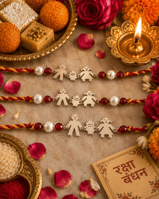 Three Rakhi beaded wristlets with small silver child-shaped charms are arranged on a beige surface with flowers, sweets, a lit diya, and a card with Hindi text. This is a styled flat-lay product presentation.