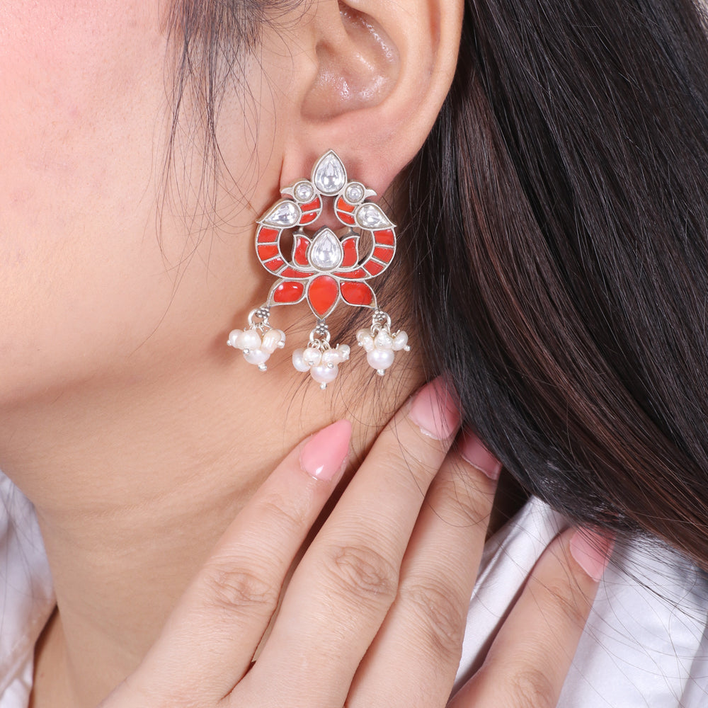 Coral and Pearls Bird Earrings image 1
