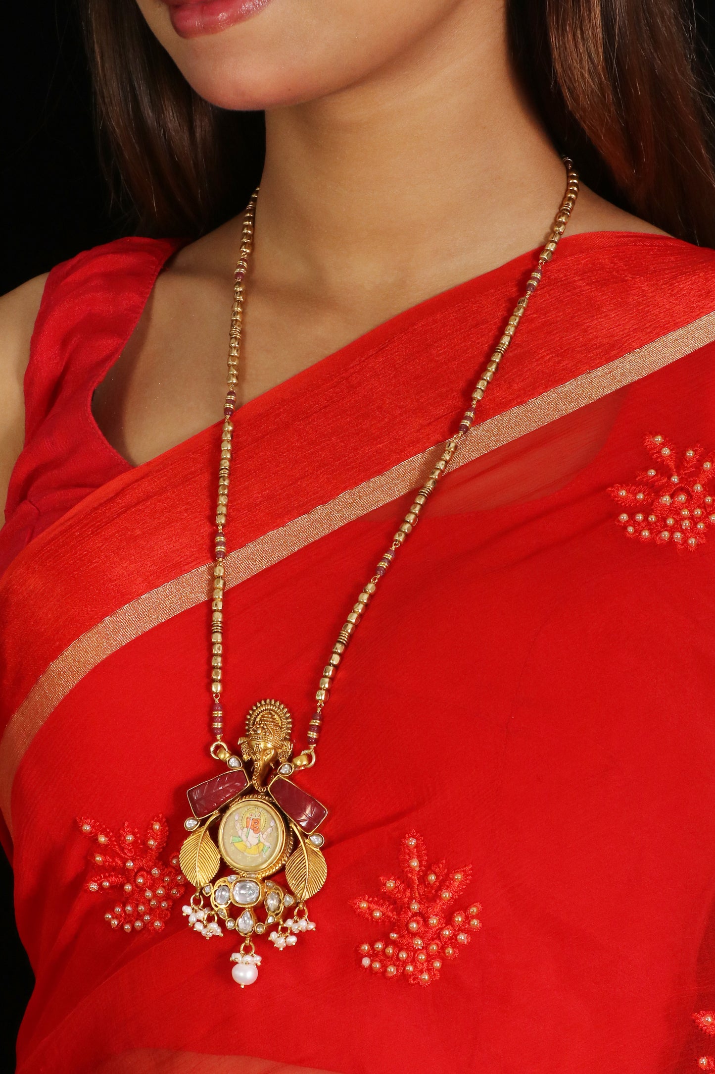 Riwaayat long Ganesha Pendant with red onyx image 1