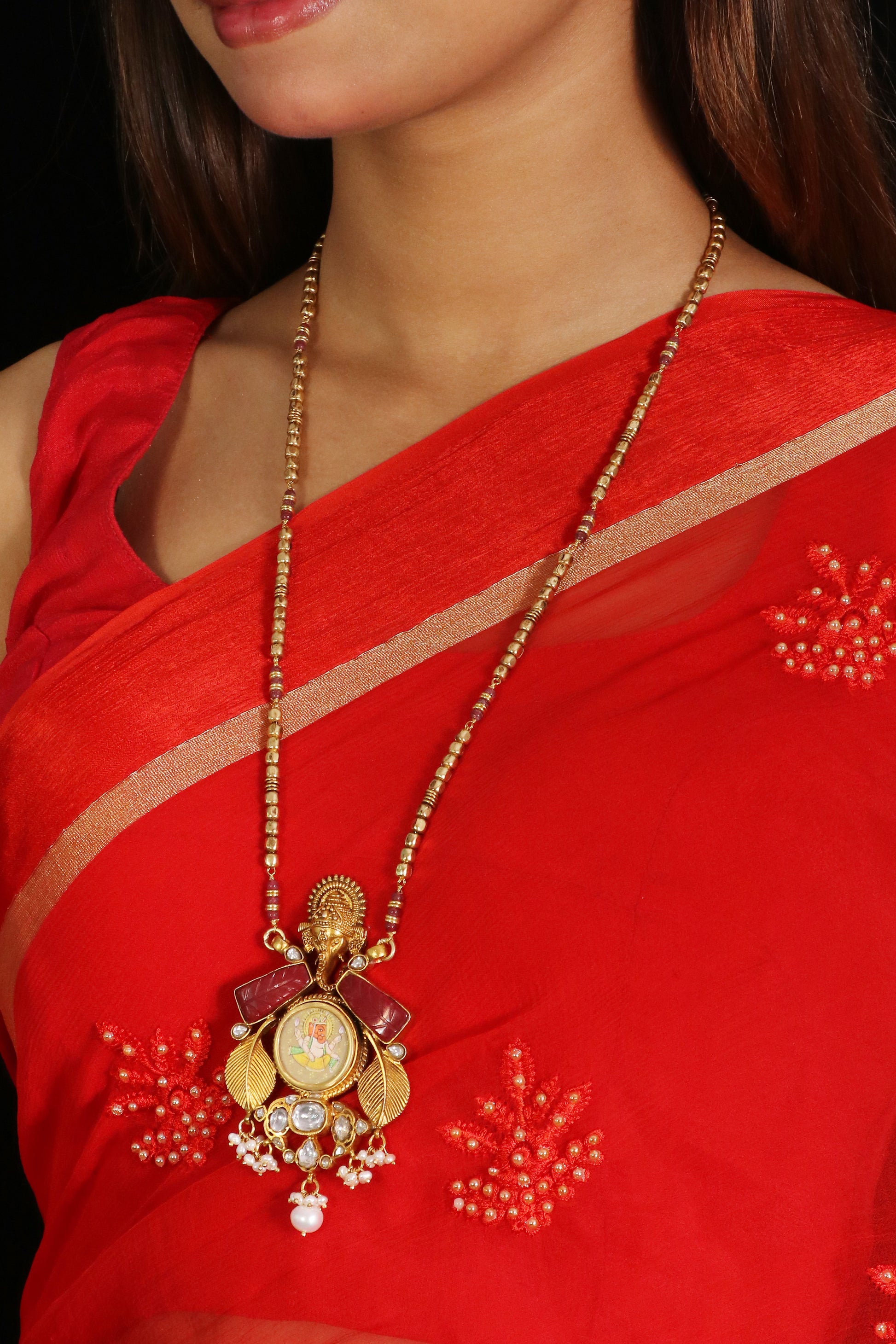 Riwaayat long Ganesha Pendant with red onyx image 1