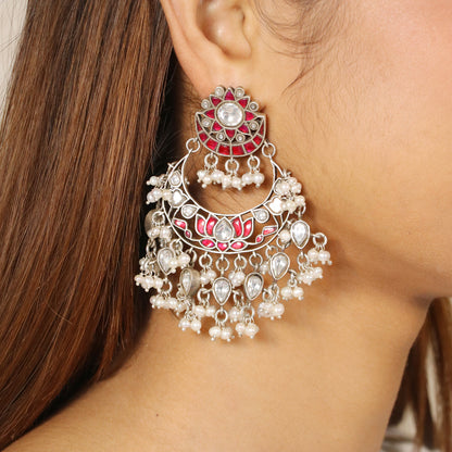 White and Red Lotus with Pearls Earrings image 1