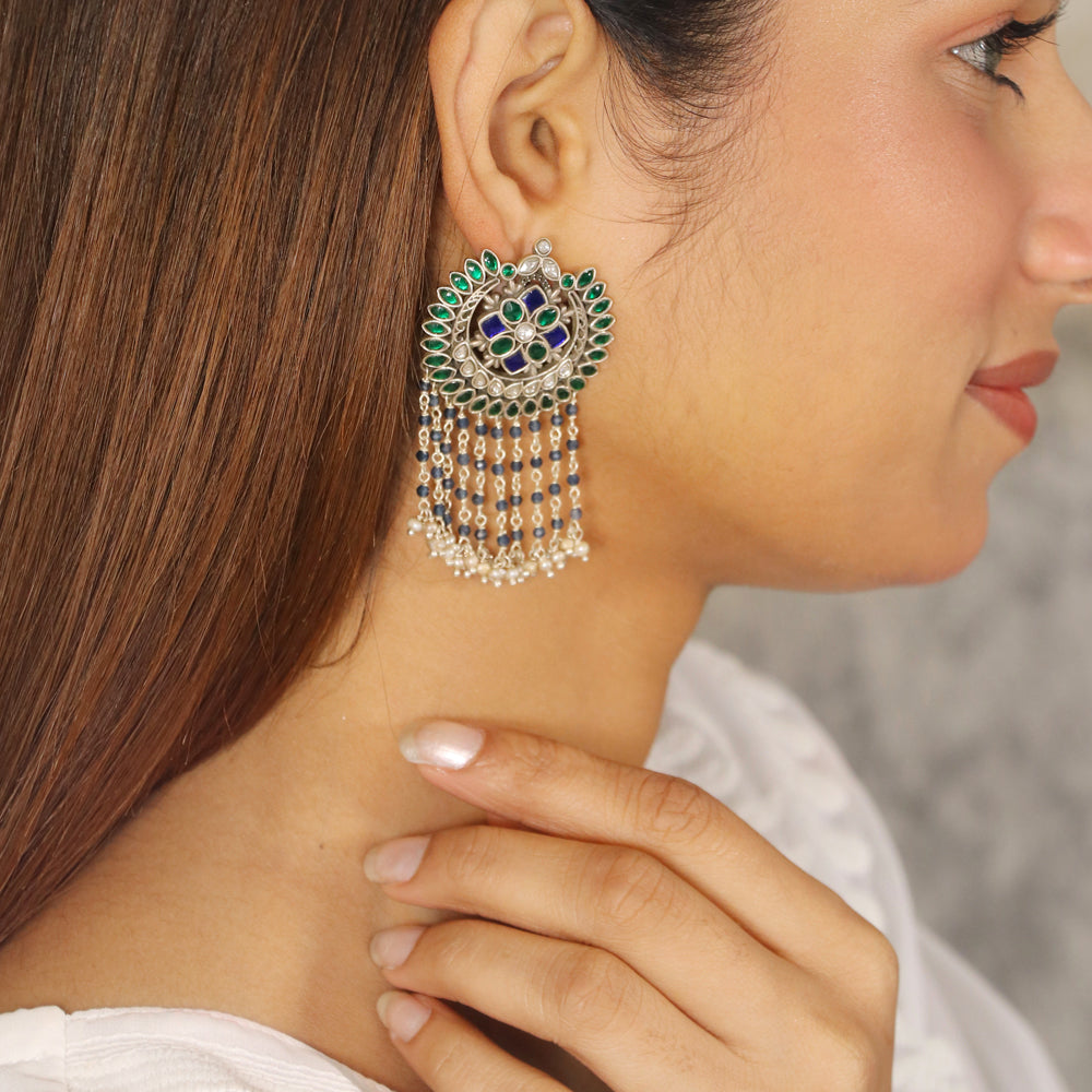 Peacock Colour Kundan with Rain Drop Pearl Earring image 1