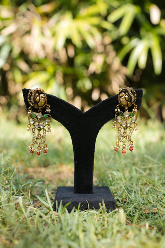 Sringaar Peacock stud green and coral earrings image 0