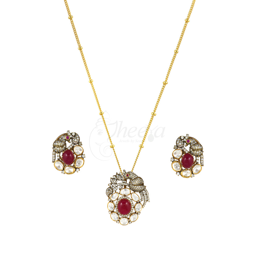 Red Stone with Moissanite Bird Pendant Set image 3