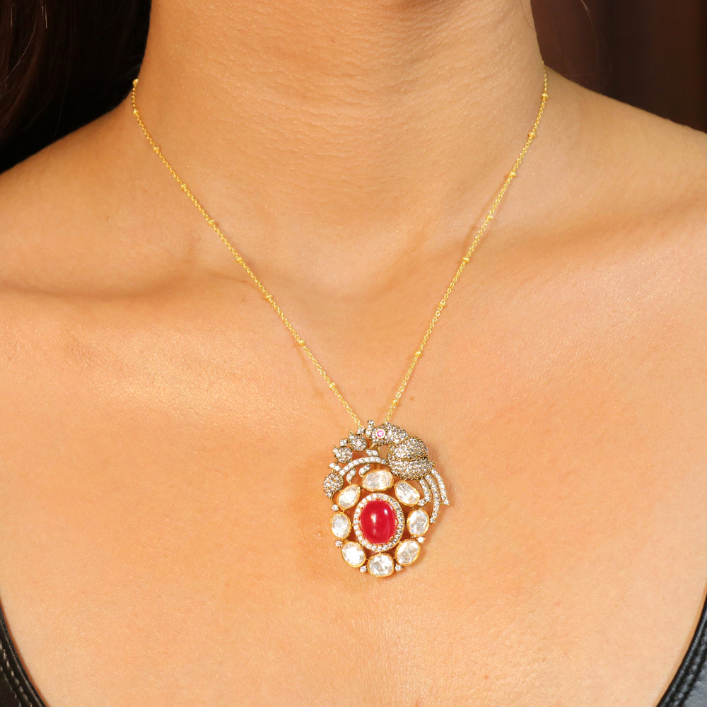 Red Stone with Moissanite Bird Pendant Set image 1