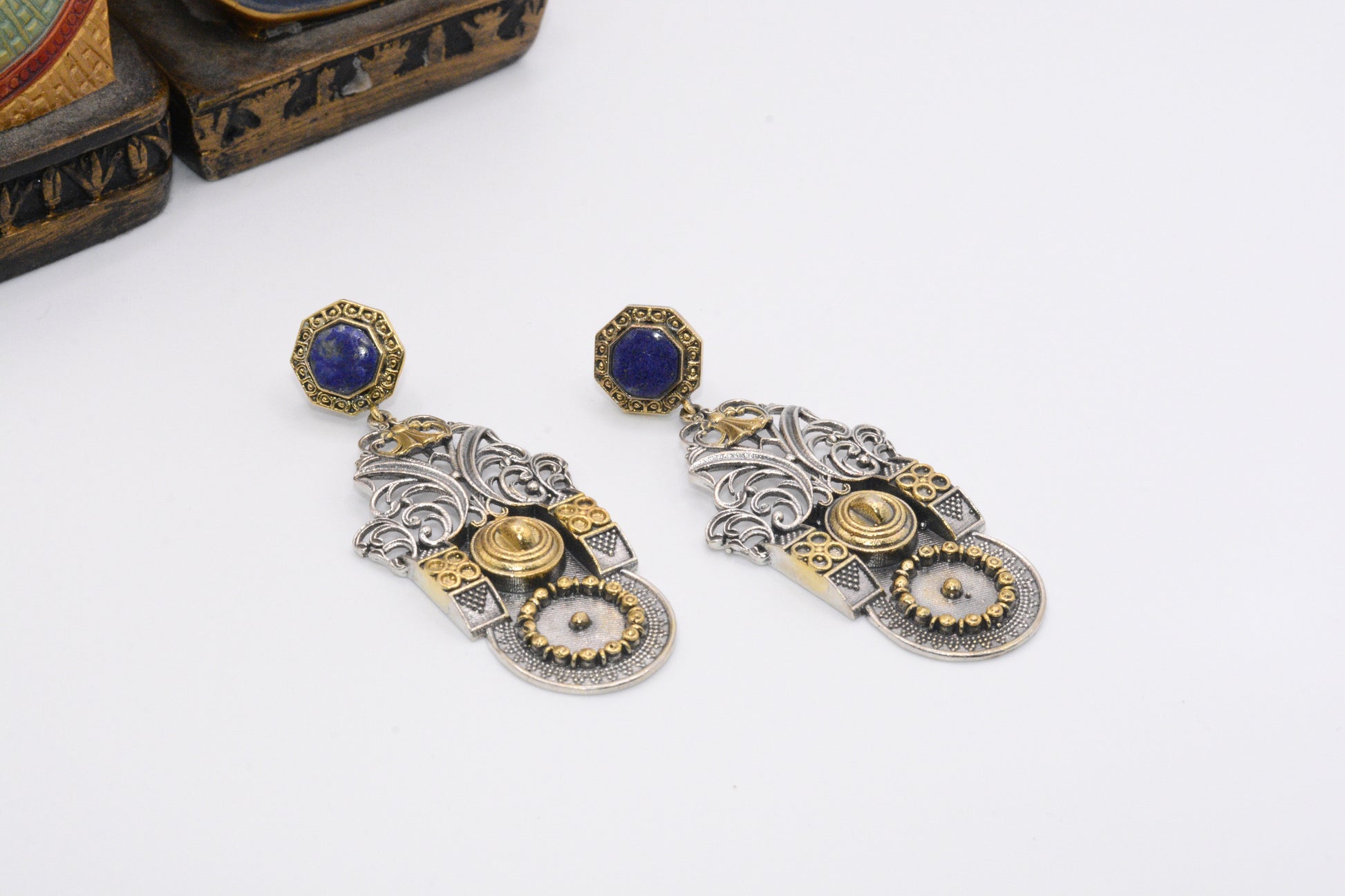 Vintage Silver Filigree Earrings with Sapphire Accent image 0