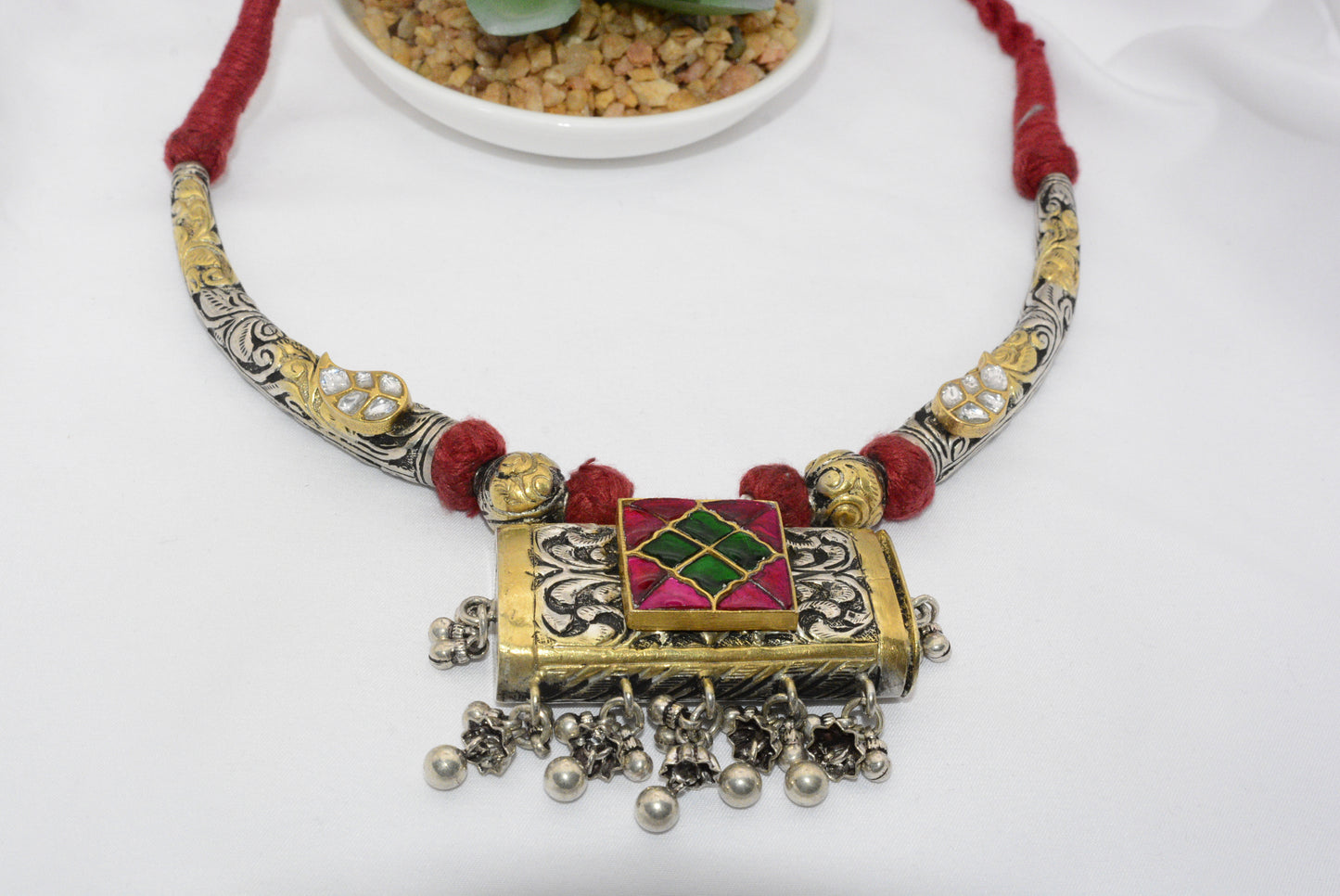 Bohemian Silver Pendant Necklace with Red Accents image 1