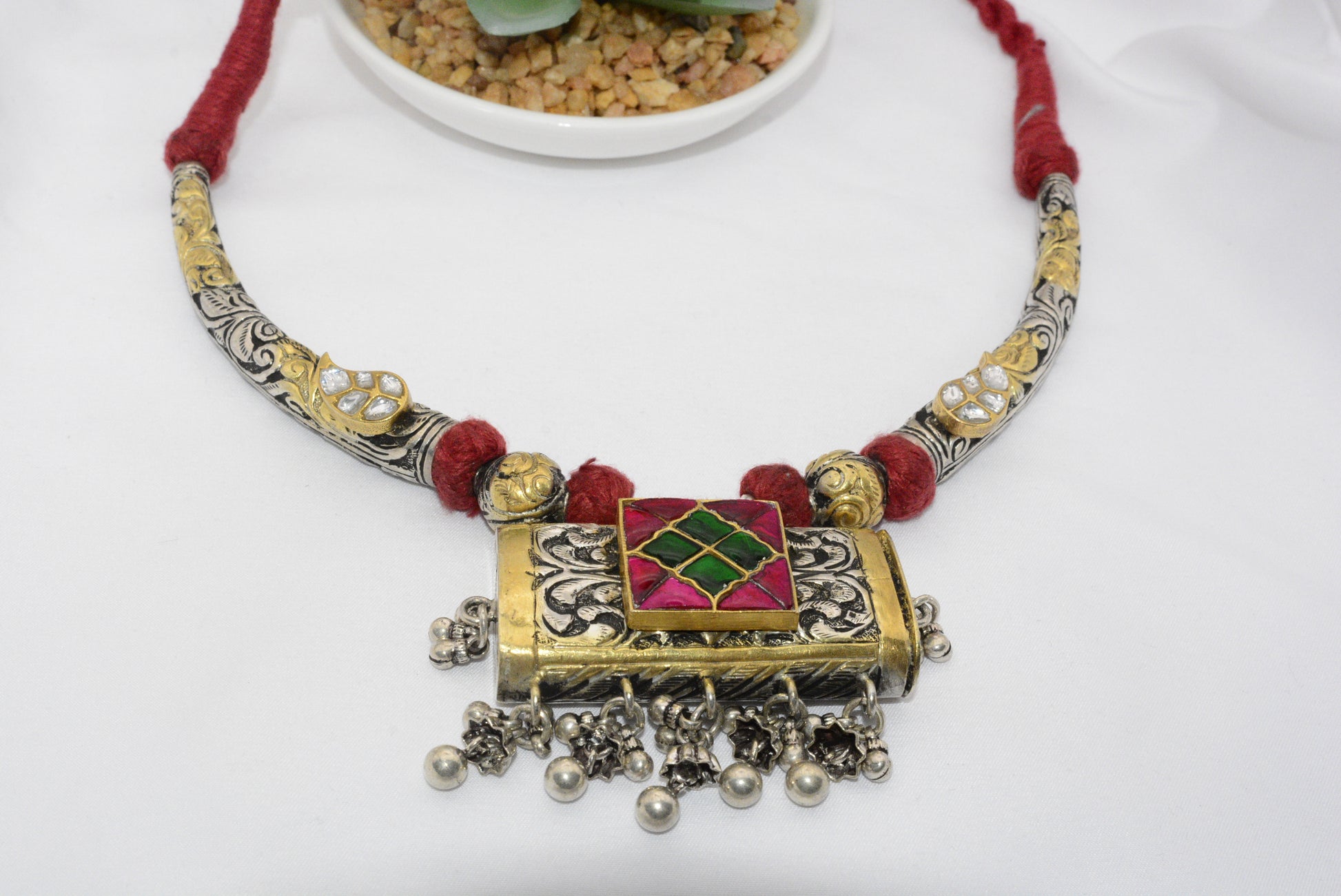 Bohemian Silver Pendant Necklace with Red Accents image 1