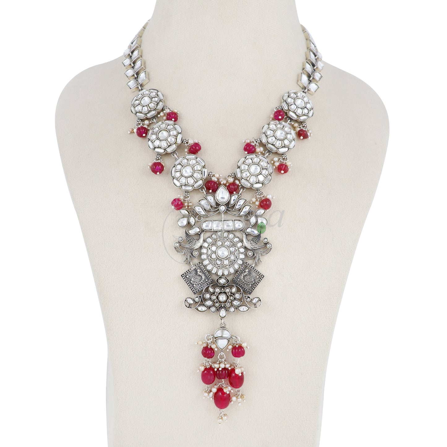 White Kundan Layered Floral with Red Beads Necklace image 2