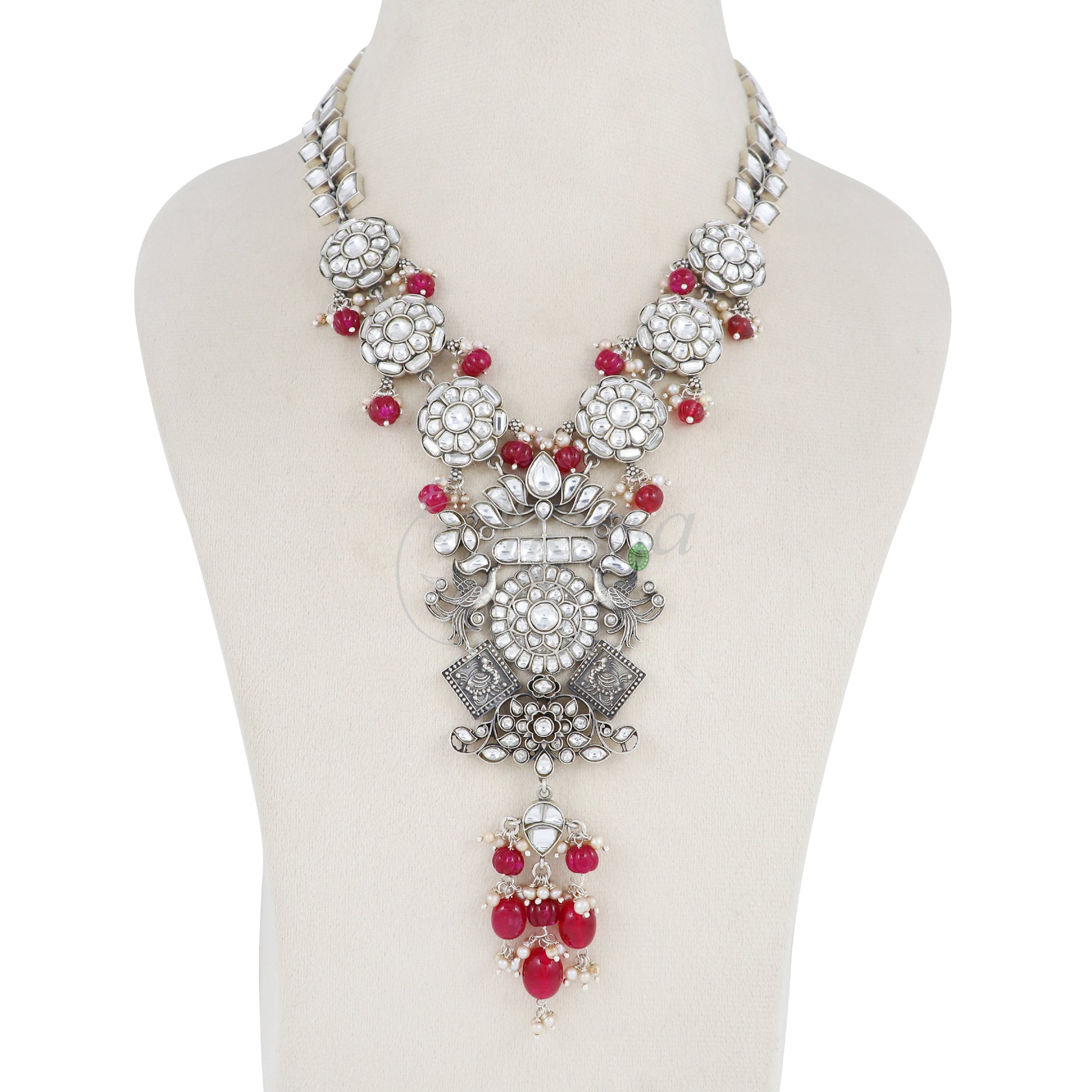 White Kundan Layered Floral with Red Beads Necklace image 2