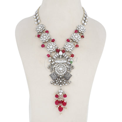White Kundan Layered Floral with Red Beads Necklace image 2