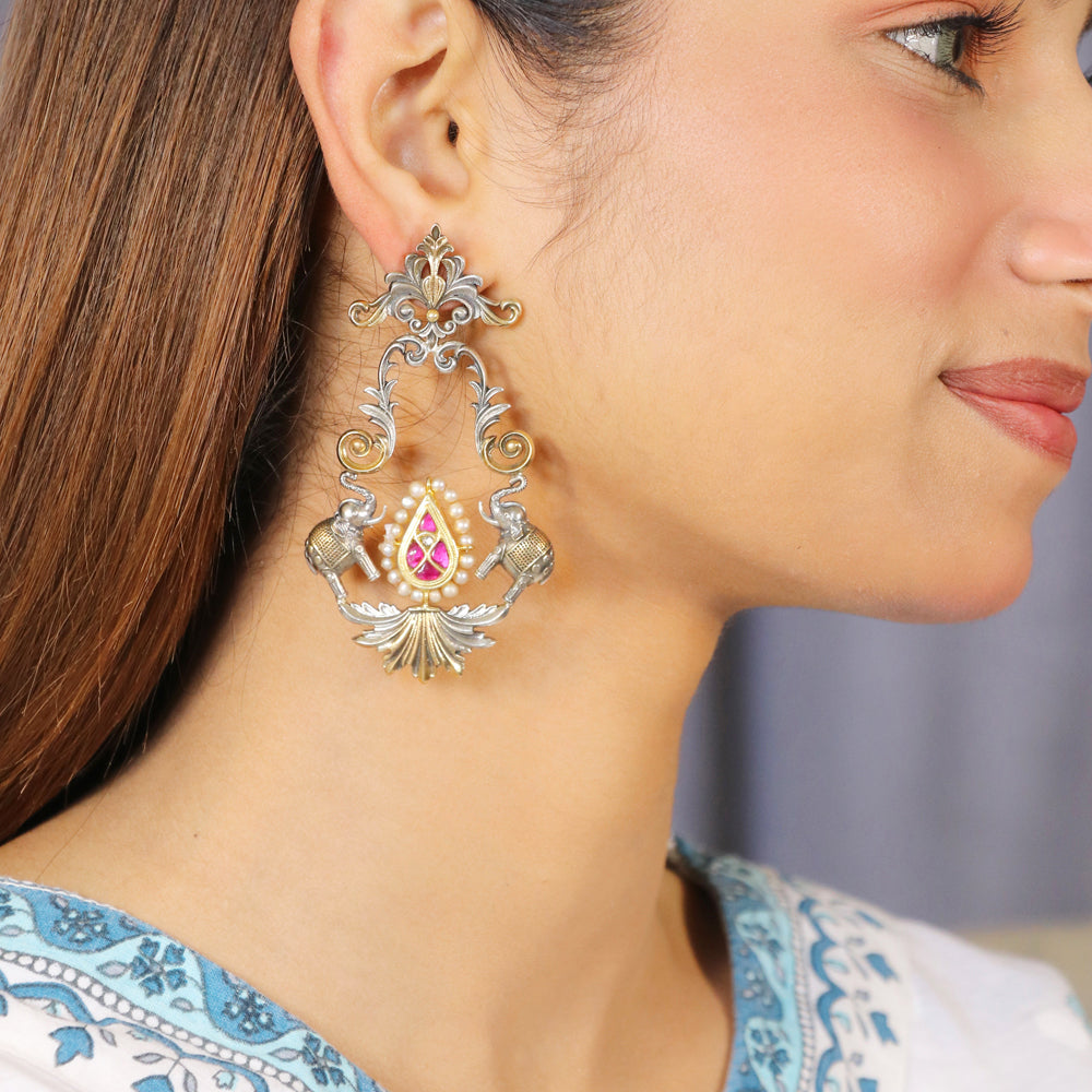 Twin Elephants with Pink Kundan Earrings image 0