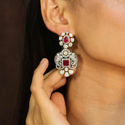 Elephant With Ruby Moissanite and CZ Earrings image 0