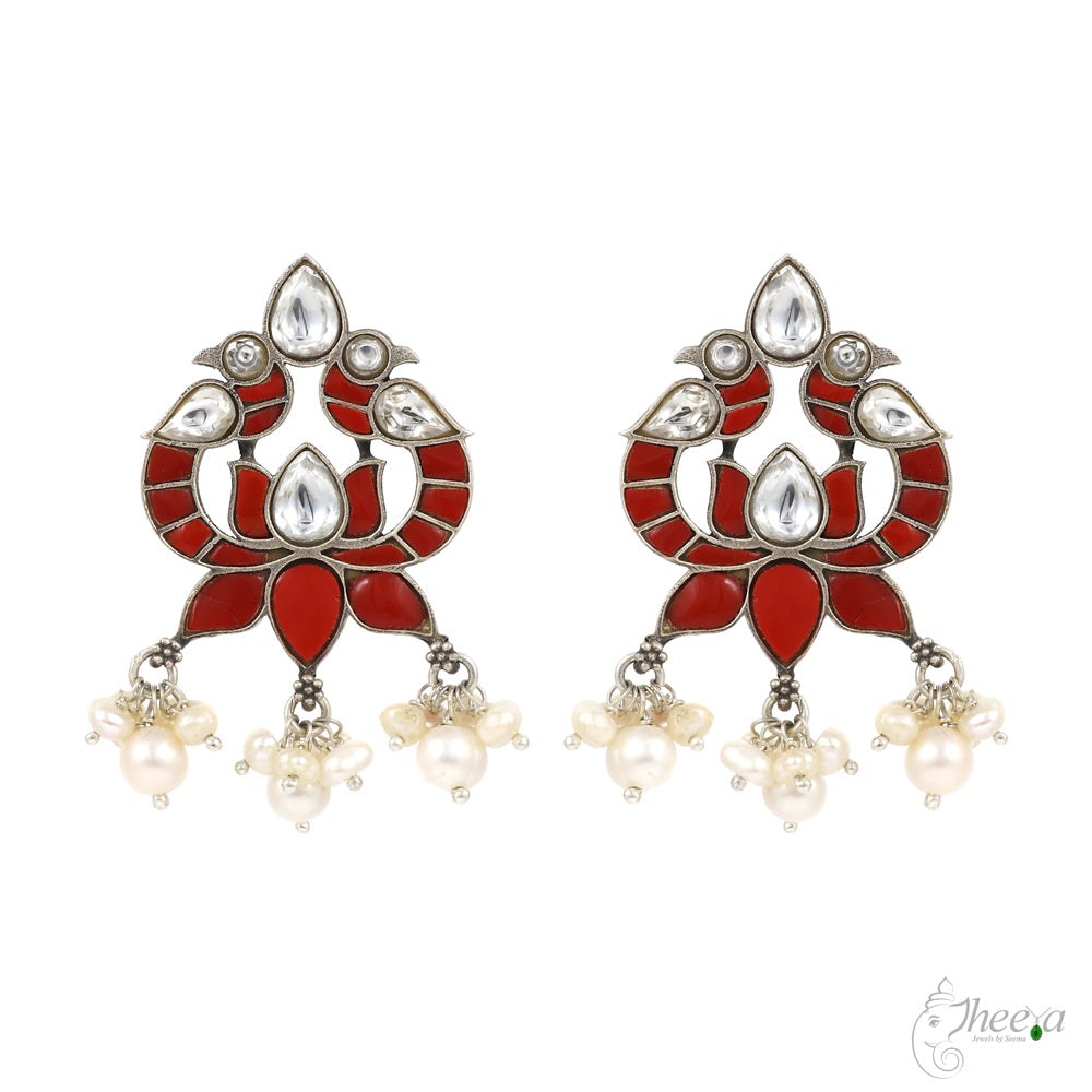 Coral and Pearls Bird Earrings image 0