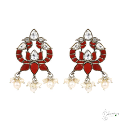 Coral and Pearls Bird Earrings image 0