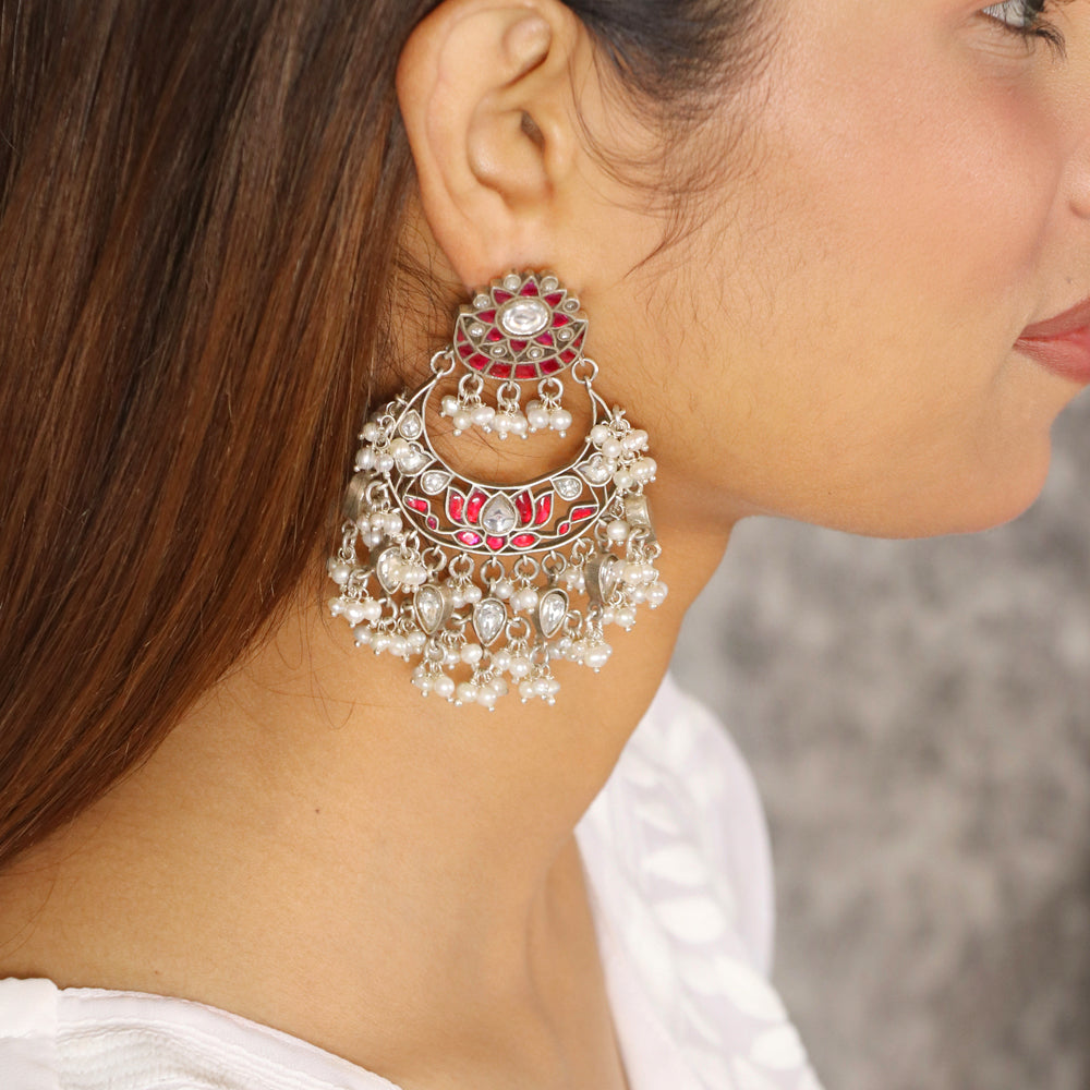 White and Red Lotus with Pearls Earrings image 0