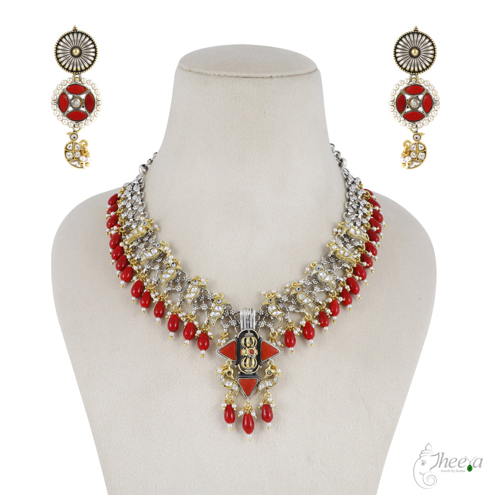 Fusion Coral drop necklace with Kundan birds image 3