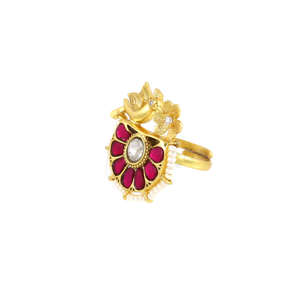 Dove with Red Jadau Kundan Ring image 2