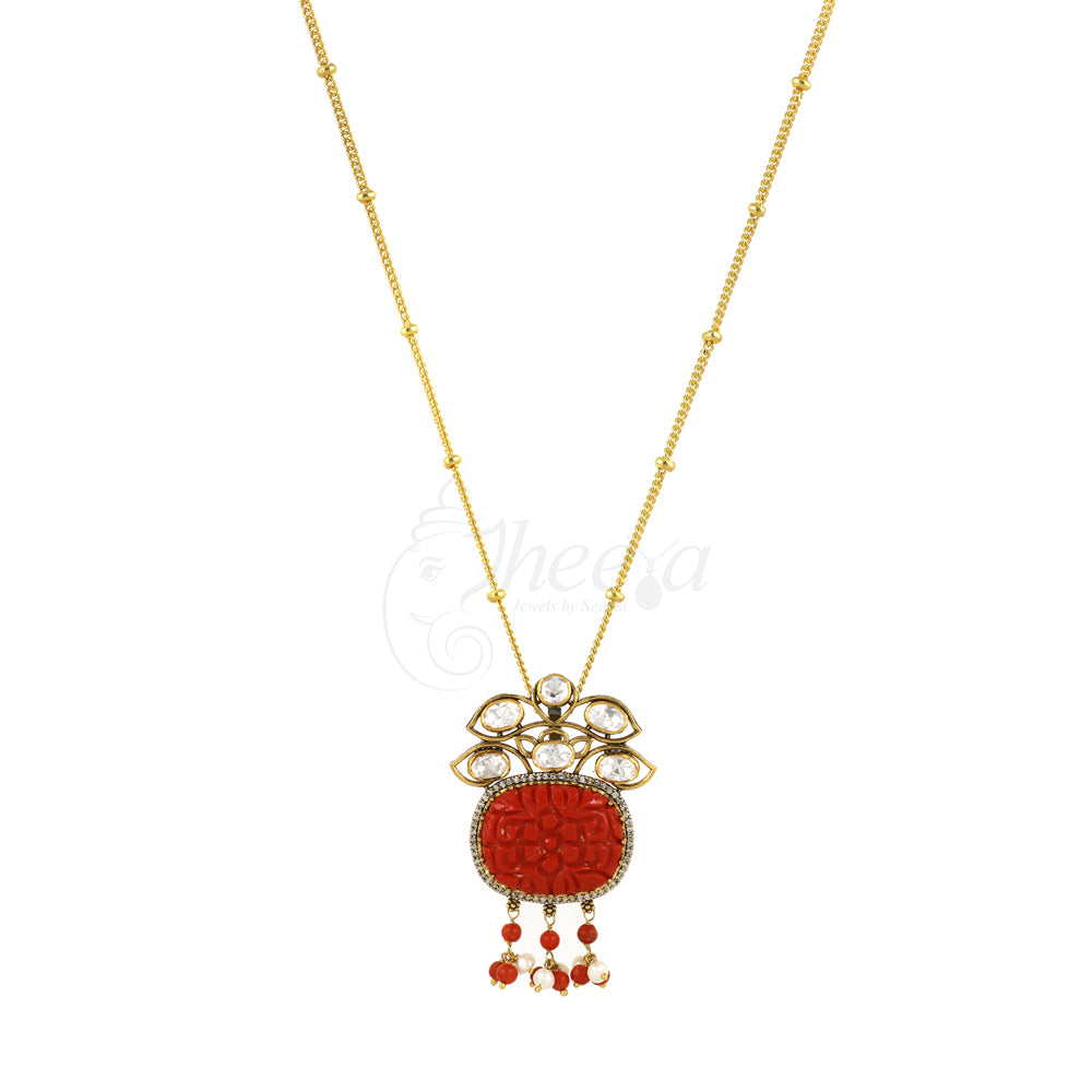 Coral Carved Moissanite Pendant set image 2