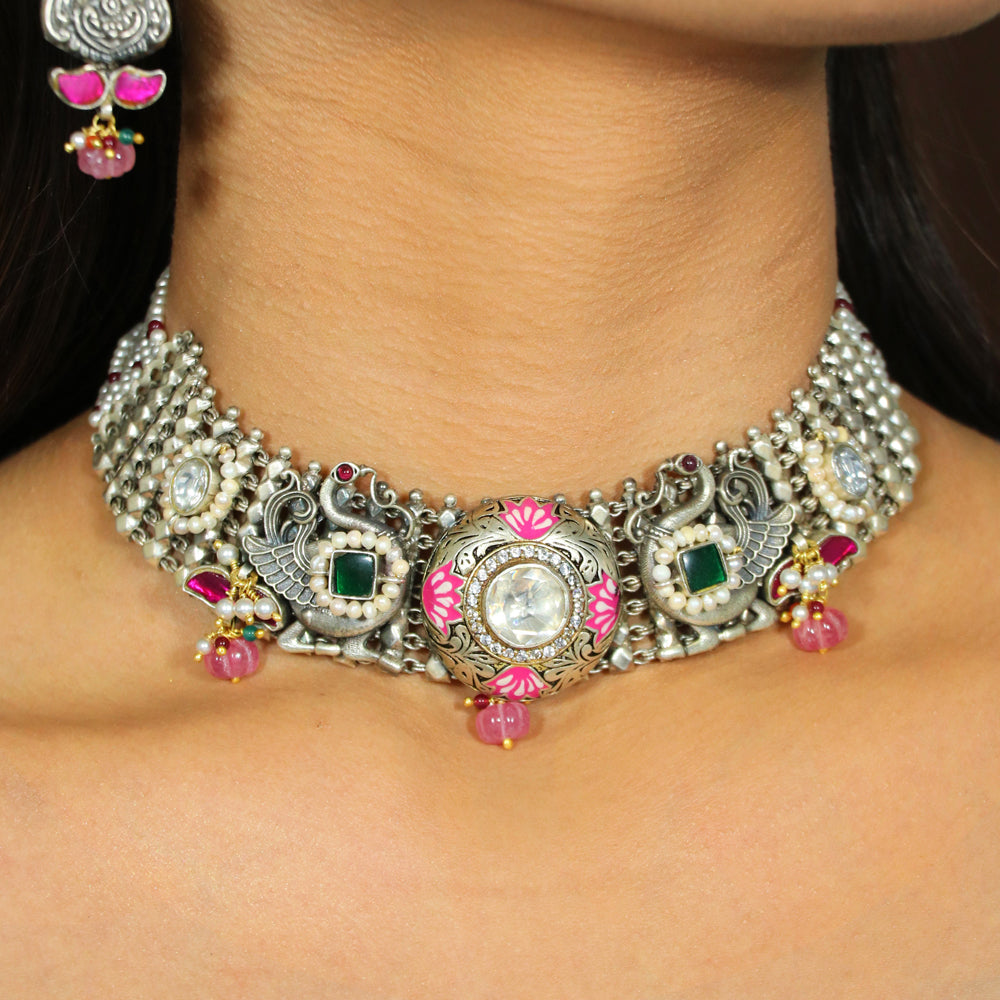 Pink Fusion Meenakari Necklace Set image 1