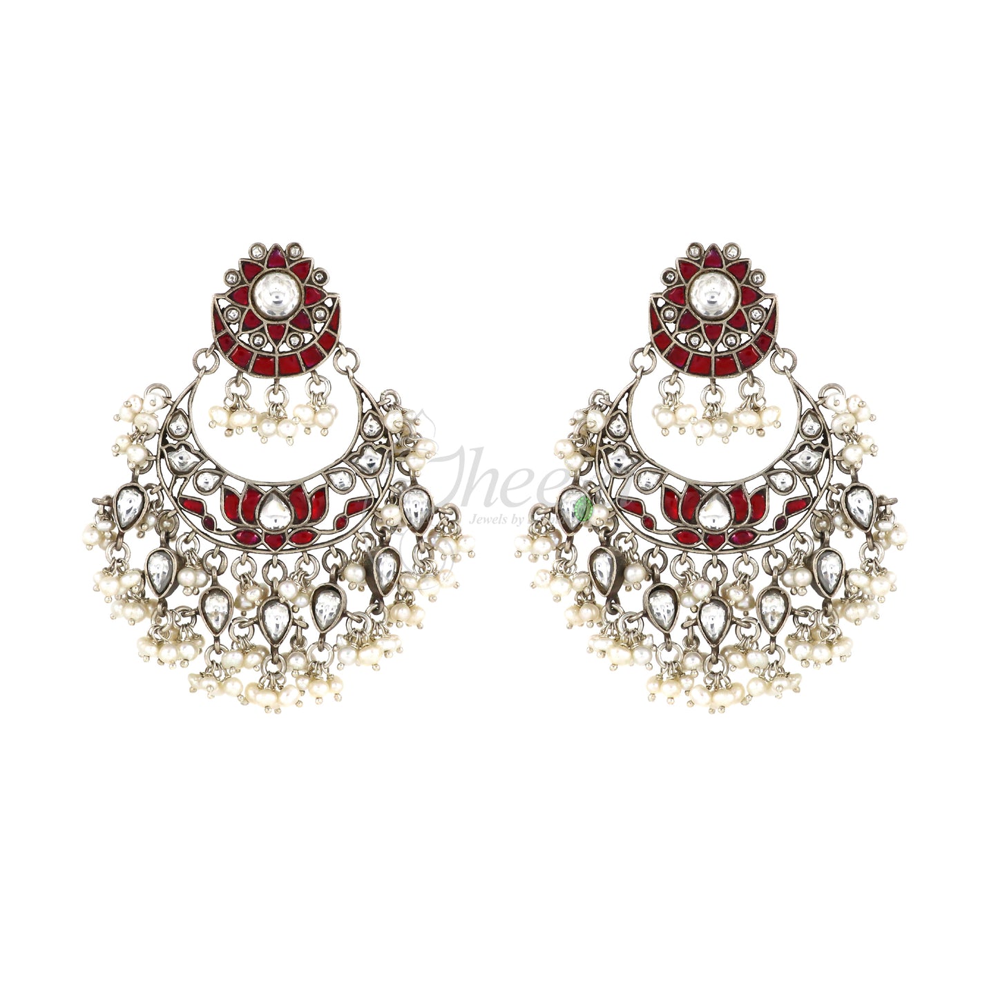 White and Red Lotus with Pearls Earrings image 2