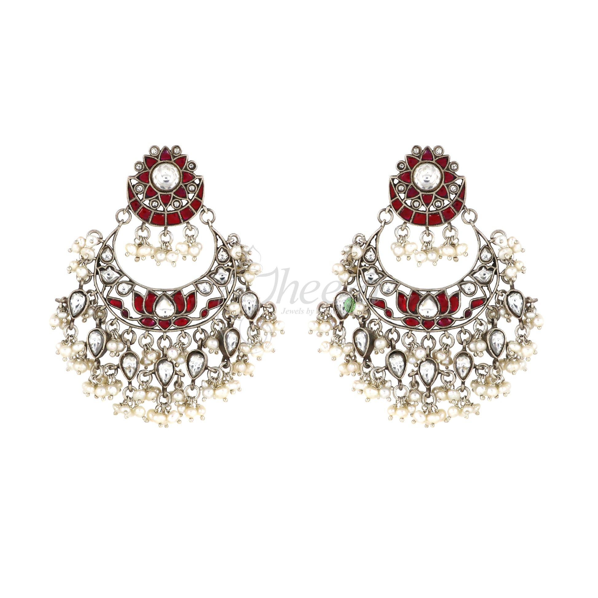 White and Red Lotus with Pearls Earrings image 2