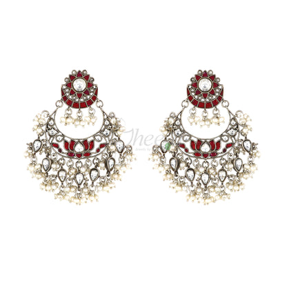 White and Red Lotus with Pearls Earrings image 2