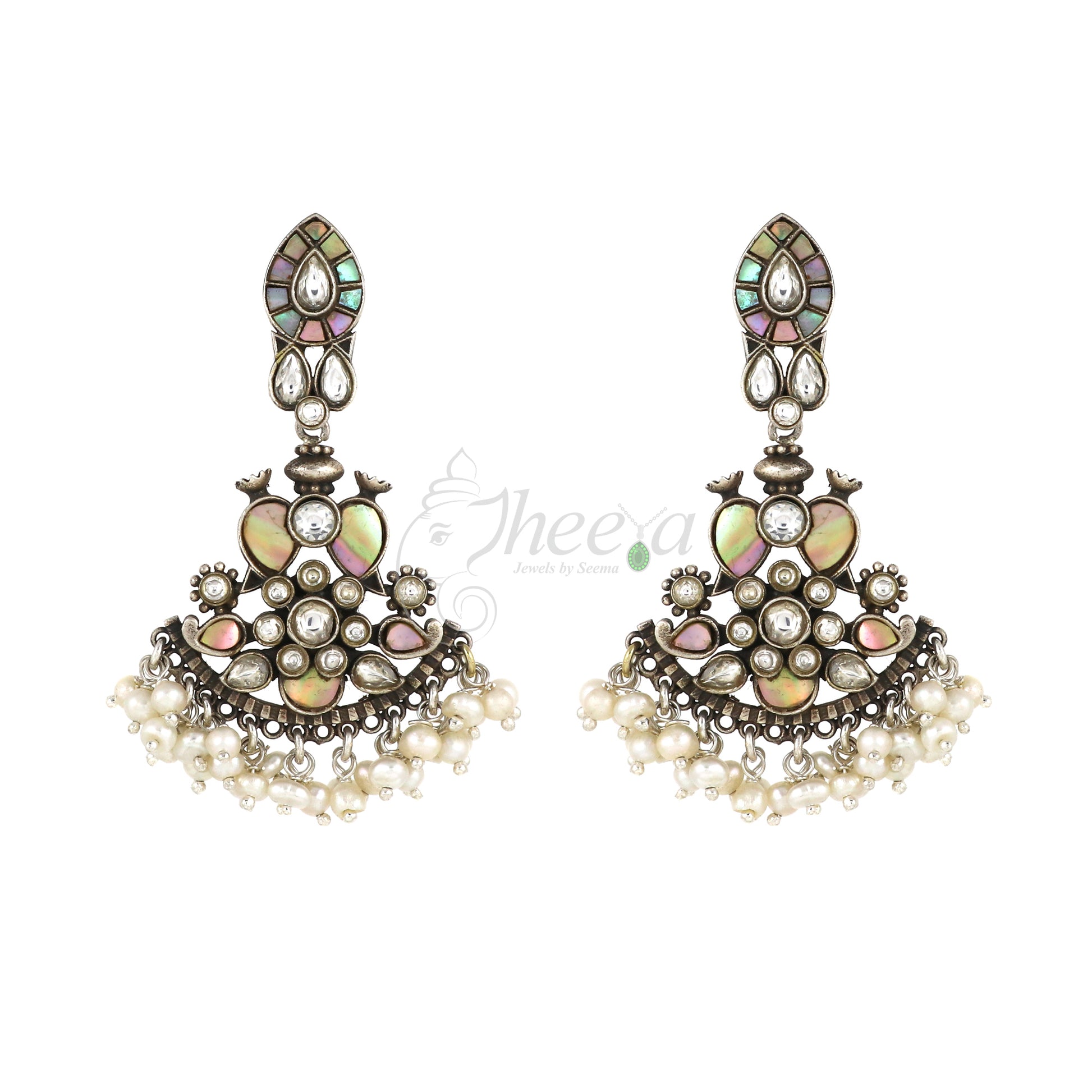 Mother of Pearl with White Kundan Dangler Earring image 2