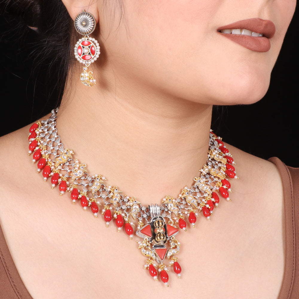 Fusion Coral drop necklace with Kundan birds image 0