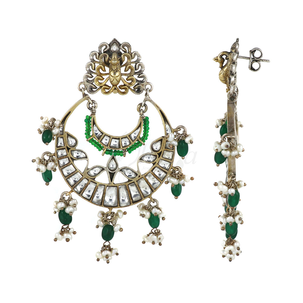 White Kundan Chandbaali with Green Beads image 1