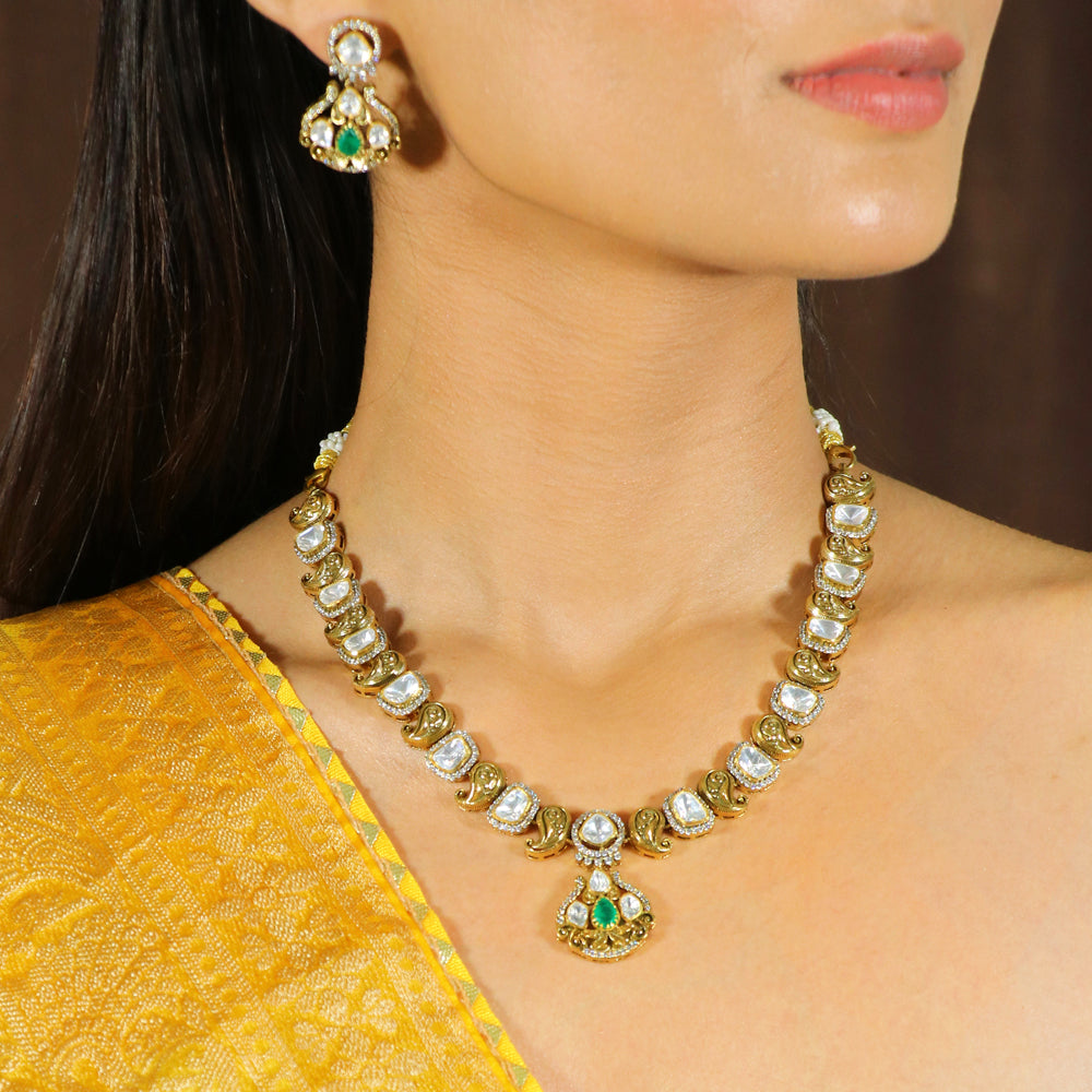 Moissanite with CZ and Green Stone Mango Necklace Set image 0