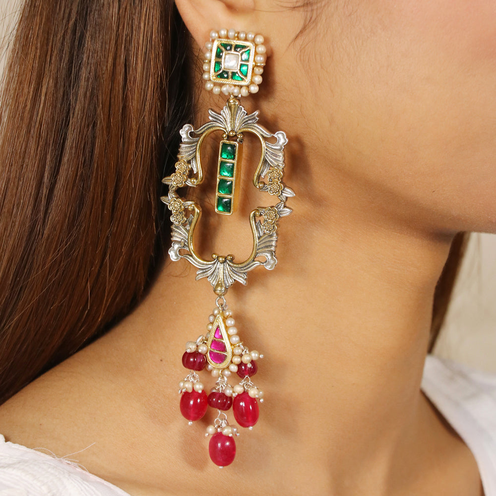 Red & Green Kundan Dangler Earrings image 1