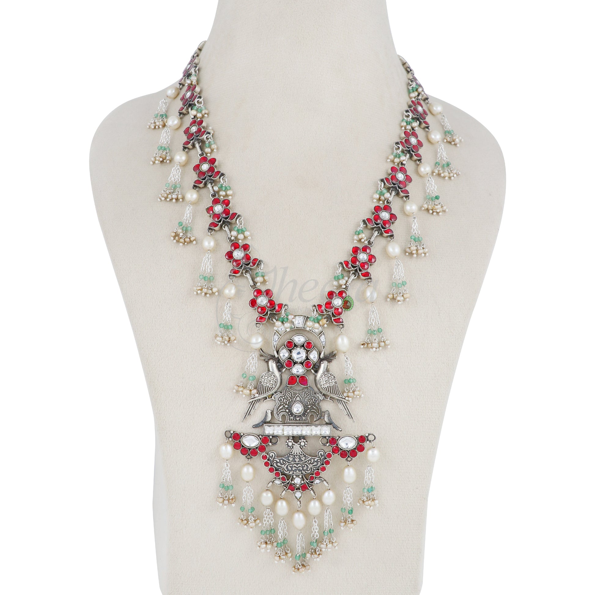 Red Kundan Flowers with Fall Tassels Necklace image 3