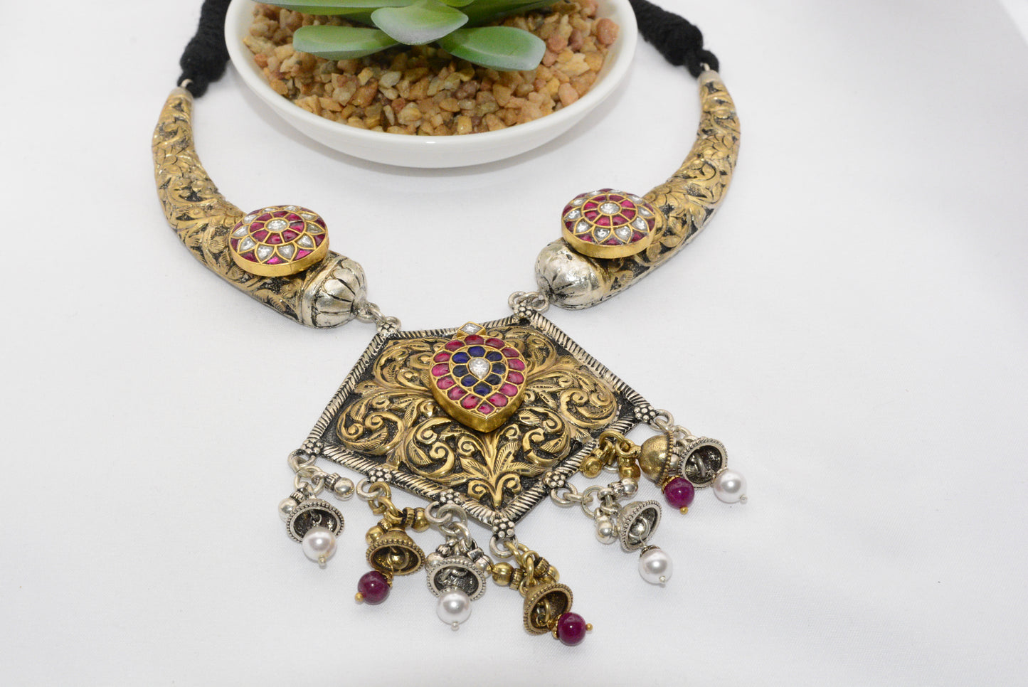 Bohemian Silver Filigree Necklace with Gemstone Accents image 1