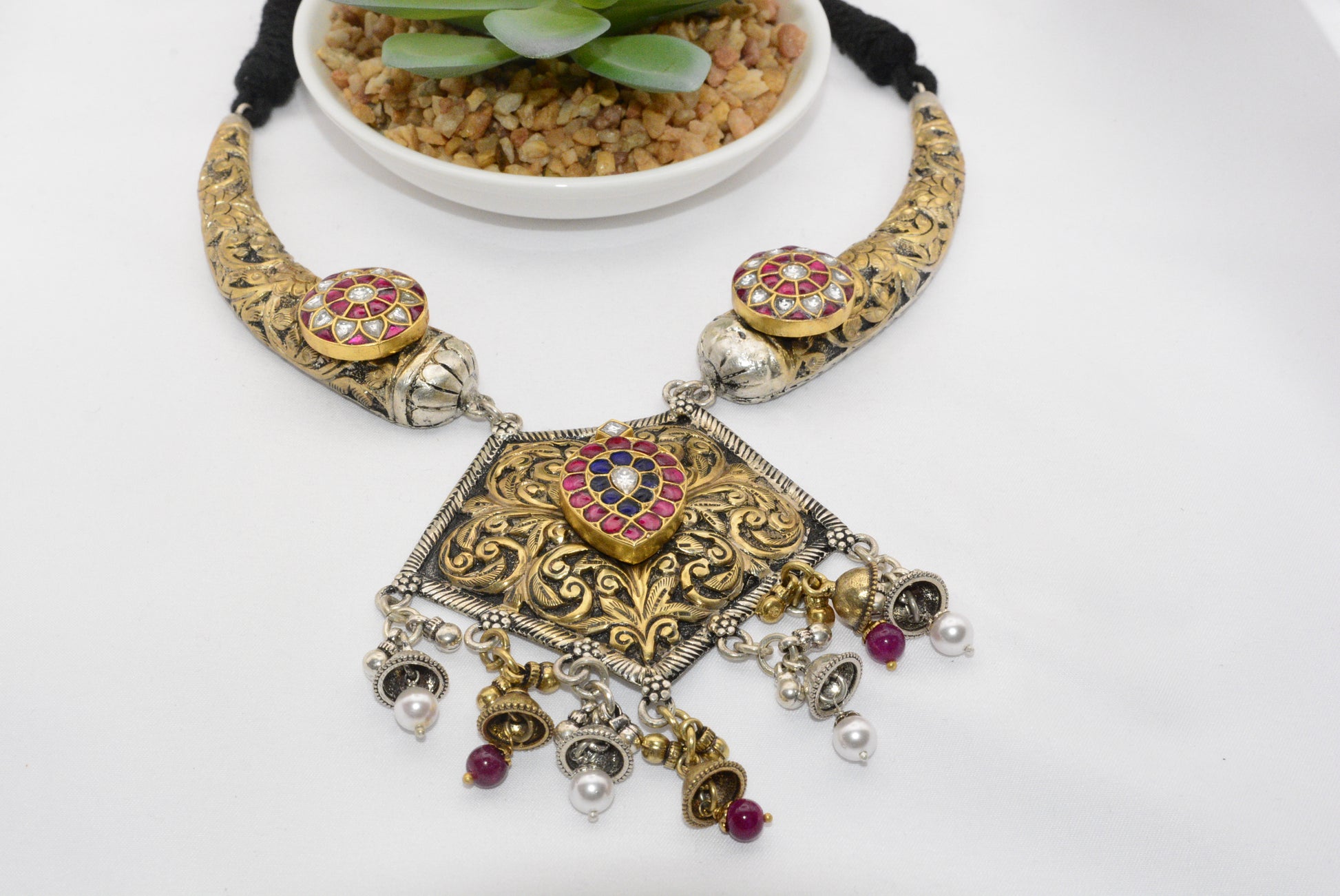 Bohemian Silver Filigree Necklace with Gemstone Accents image 1