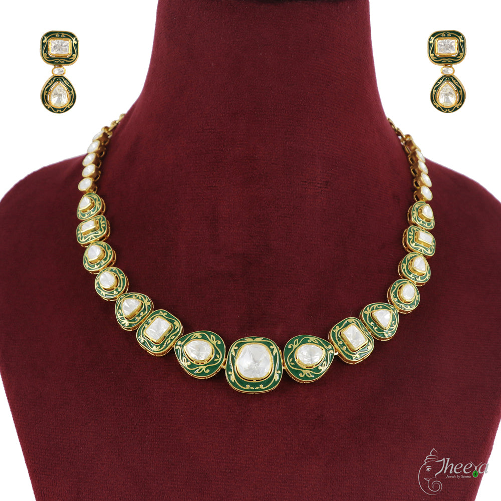 Ratnavalli Green Meenakari Moissanite necklace set image 3