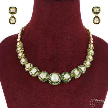 Ratnavalli Green Meenakari Moissanite necklace set image 3