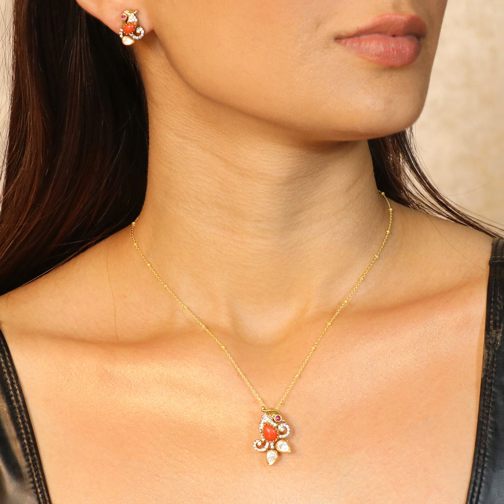 Coral with Moissanite Pendant Set image 0
