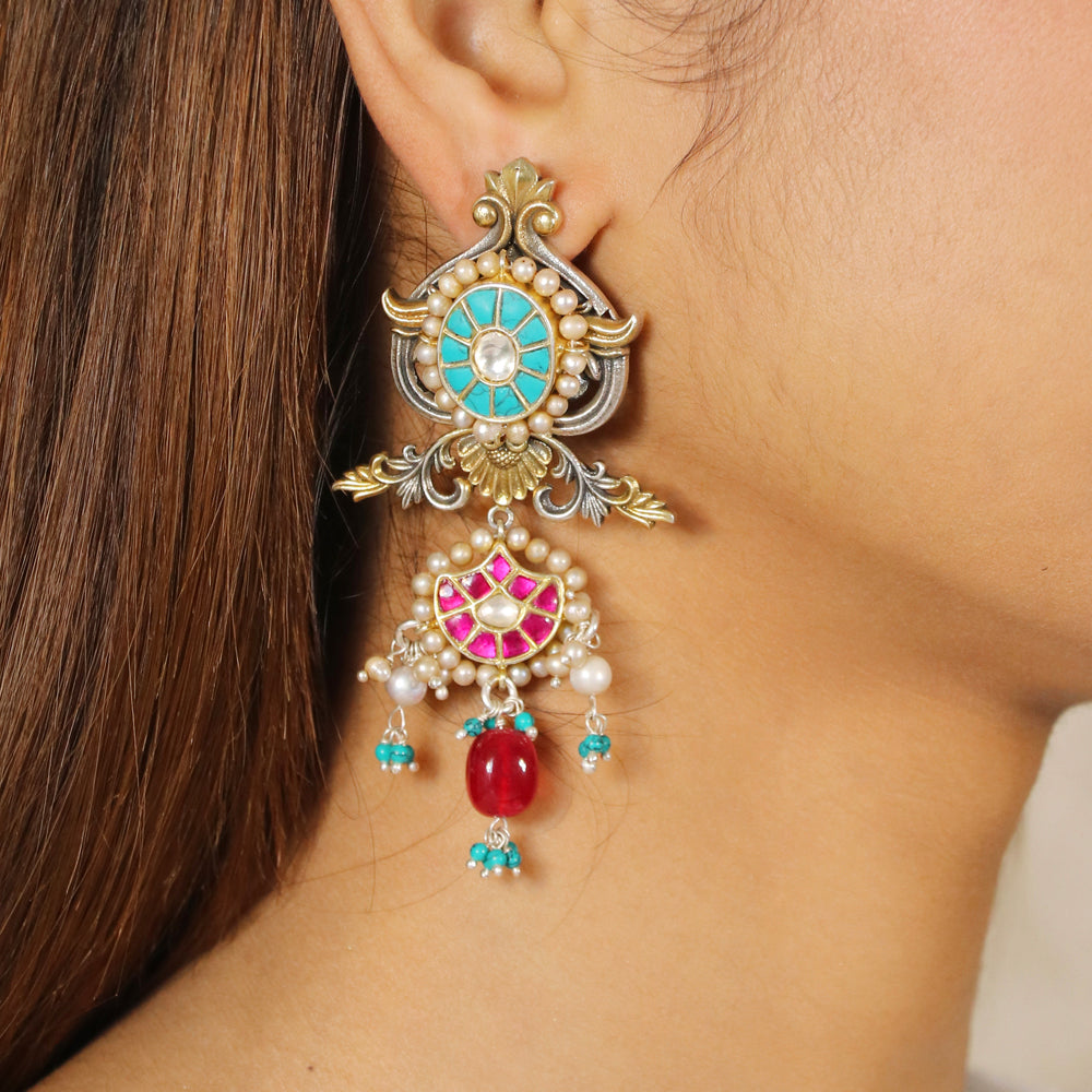 Turquois and Punk Kundan Earrings image 1