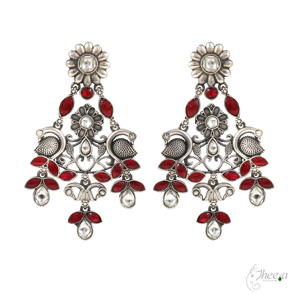 Red and White Kundan Peacock Dangling Earrings image 0