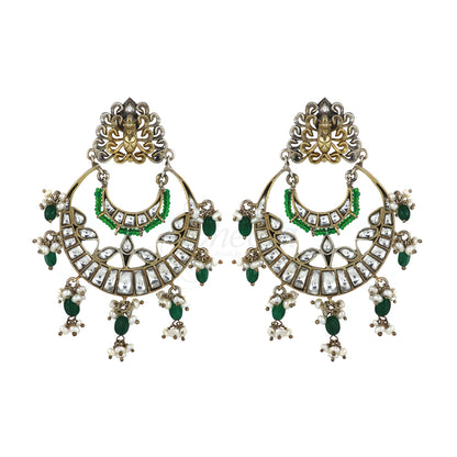White Kundan Chandbaali with Green Beads image 0