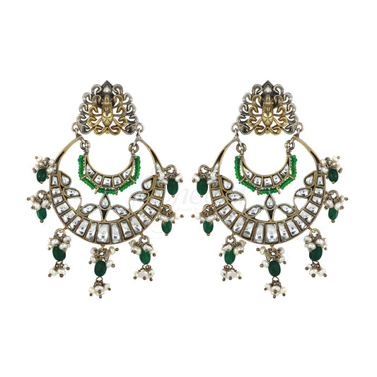 White Kundan Chandbaali with Green Beads image 0