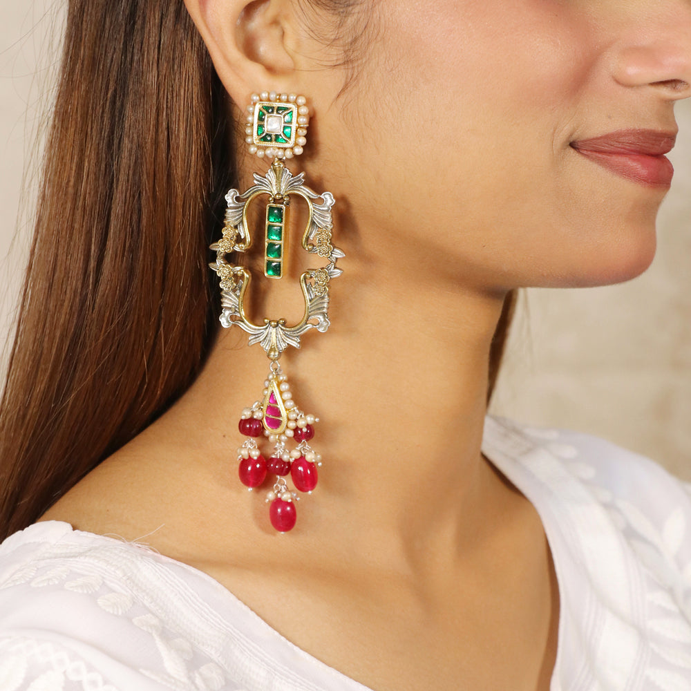 Red & Green Kundan Dangler Earrings image 0