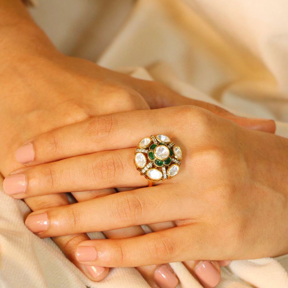Green Kundan with Moissanite Ring image 0