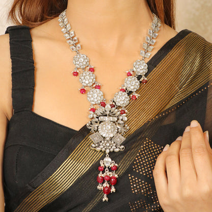 White Kundan Layered Floral with Red Beads Necklace image 1