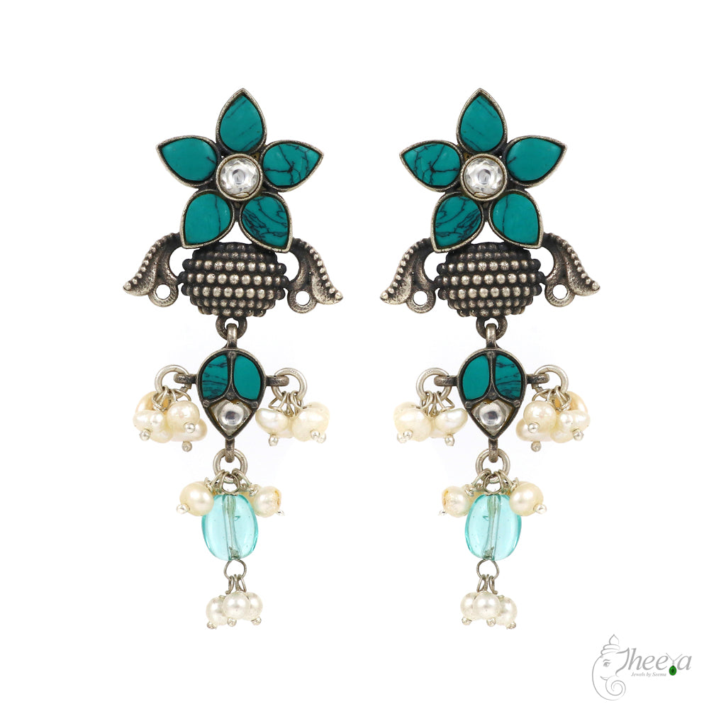 Turquoise with Pearls Dangling Earrings image 1